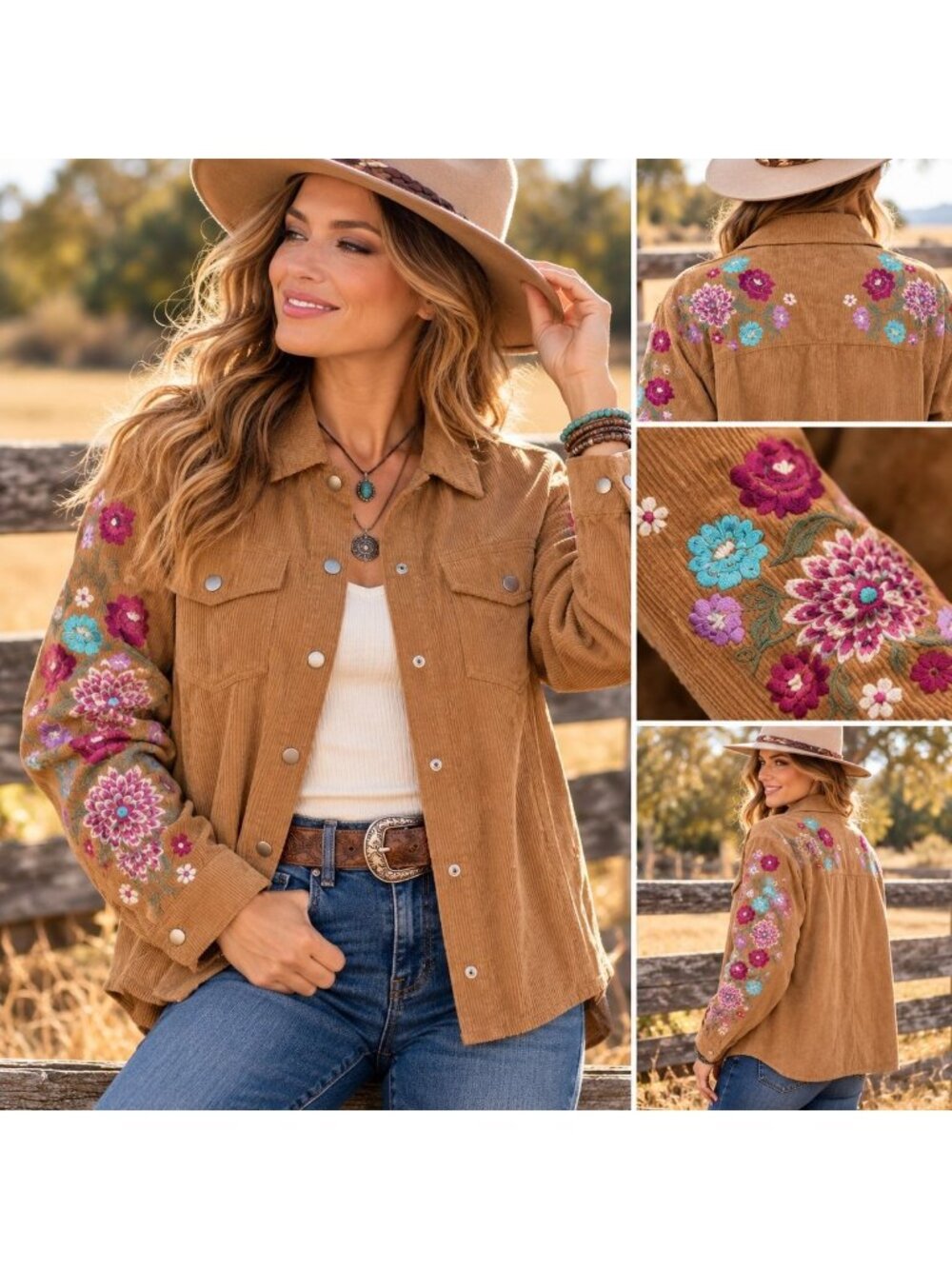 Savanna Jane Womens L Brown Corduroy Jacket Floral Embroidered Boho Western